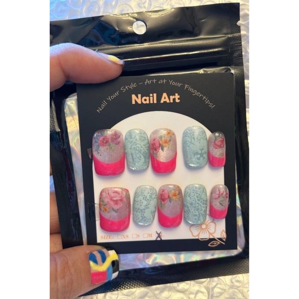 Pink Floral French Tip Short Square Press On Nails Size Large
